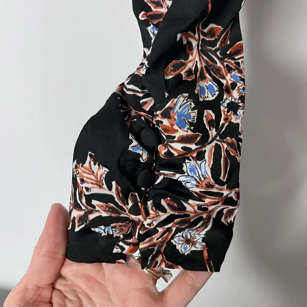 Free People Women's Santiago Top XS Black Floral Print Cropped Smocked OB1047028